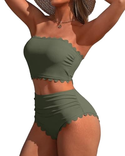 Charmo Strapless High Waisted Bikini Sets Women Tummy Control Scallop Bandeau Swimsuit Two Piece Bathing Suit Army Green M - Image 1