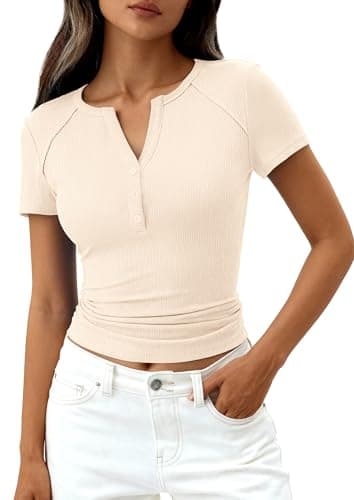 PRETTYGARDEN Womens Summer Short Sleeve Tops 2026 Spring Basic Tees V Neck Button Up Henley T Shirts Fitted Ribbed Blouses (Beige,Medium) - Image 1