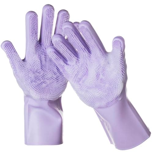 DELOMO Pet Grooming Gloves 1 Pair: Soft and Gentle Silicone Dog Washing Gloves - Bathing Scrubber Brush Mitt Grooming Shedding Fur Removal Massage for Dogs/Cats/Horse, Purple - Image 1