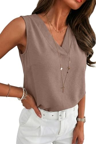 Lepunuo Khaki Tank Top for Women Textured V-Neck Business Casual Office Work Summer Sleeveless Top - Image 1
