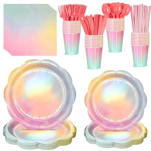 NatNarr 200 Pcs Iridescent Pastel Party Supplies Decorations, 25 Guest Scalloped Iridescent Pastel Plates and Napkins, Holographic Rainbow Plates Cups Napkins Straw Silverware for Girls Birthday - Image 1