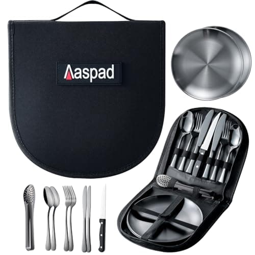 Aaspad Full Size Stainless Steel Dishes & Utensils Sets Outdoor Camping Mess Kits Flatware Picnic Silverware Cutlery Kits Carrier Case Packed of 2 Forks,2 Spoons,1 Serrated Knife,1 Food Clip,2 Plates