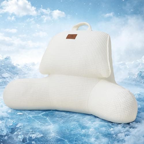 Amélie Home Premium Cooling Waffle Reading Pillow, Qmax>0.37 Ergonomic Back Support with Pocket & Handle, Breathable Lounging Pillow for Bed Sofa Floor Summer, Washable Cover, 17 Inches, Ivory - Image 1