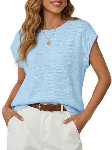 Saodimallsu Womens Short Sleeve Sweater Tops Summer Crewneck Lightweight Knit Casual Loose Sleeveless Sweater Vest - Image 1