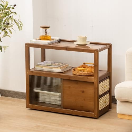 SOBIBO Bamboo Side Table Nightstand with Rattan Drawer & Glass Top – Multi-Function End Table, Nightstands with Storage for Bedroom, Living Room, and Small Spaces, Walnut - Image 1