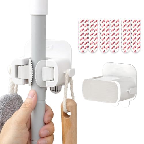 TAILI Mop and Broom Holder Wall Mount Grippers, 2 Hangers and 6 Adhesive Strips, Damage Free Hanging Wall Mount, Household Cleaning Organizer for Organization and Storage, Holds up to 4 lbs, White - Image 1