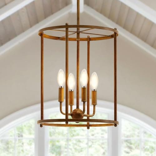 4 Light Chandelier,Farmhouse Ceiling Light Wood Grain Lantern Light Fixtures with Metal Cage Adjustable Height Rustic Hanging Light E12 Base for Kitchen Island, Dining Room, Living Room,Entryway - Image 1