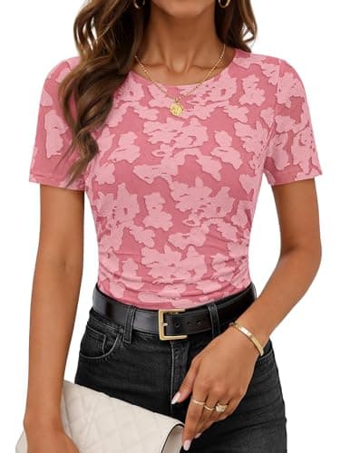 MEROKEETY Women's 2026 Summer Short Sleeve Floral Tops Spring Vacation Dressy Casual Crewneck Slim Fit Mesh T Shirt Blouses, Pink, X-Large - Image 1