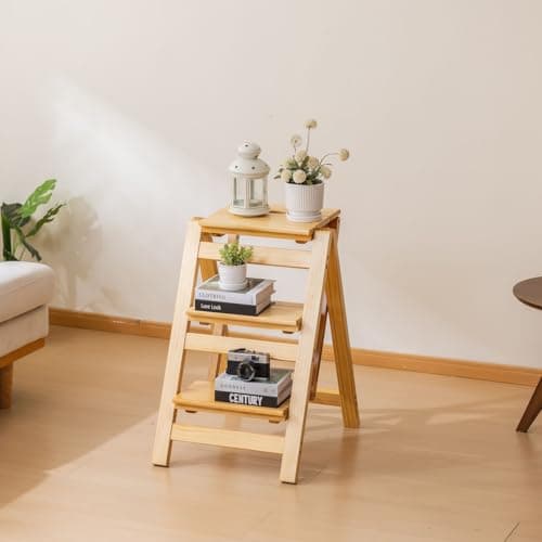 SOBIBO Wooden Step Stool, Foldable 3 Step Ladder, Solid Wood Ladder Stool for for Home, Kitchen & Garden Nature - Image 1
