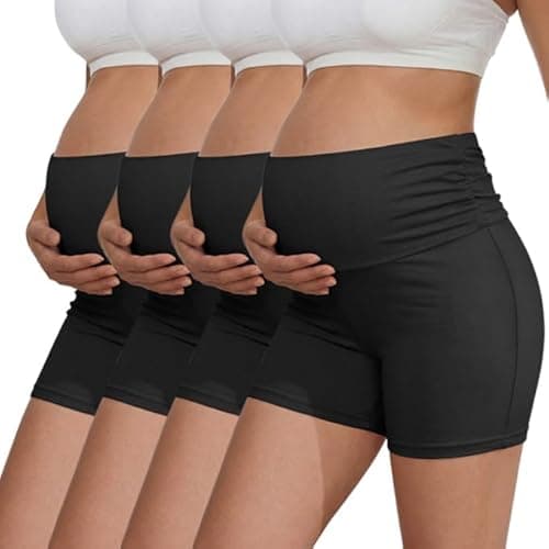 Ekouaer 4 Pack Women's Maternity Shorts Pregnancy Biker Shorts Stretchy Workout Loungewear Mama Clothes Black/Black/Black/Black XL - Image 1