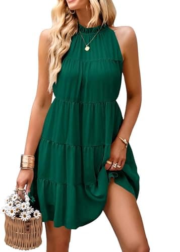 KIRUNDO Summer Sundresses for Women Spring Halter Flowy Babydoll Tiered Pleated Beach Wedding Guest Vacation Cruise Dress (Green, Medium) - Image 1