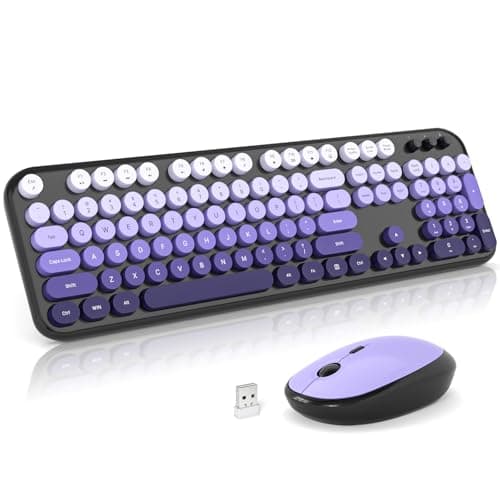 Atelus Wireless Keyboard and Mouse, Typewriter Full Size Keyboard with Number Pad and 2 in 1 USB Connected Mouse for Windows 7/8/10, Laptop, Desktop, PC, Computer (Black Purple) - Image 1