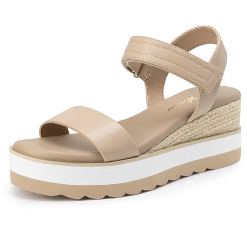 Athlefit Espadrille Wedge Sandals for Women, Open Toe Ankle Strap Low Wedge Heel Platform Sandals for Summer, Nude Size 8.5, SAPS2617W - Image 1