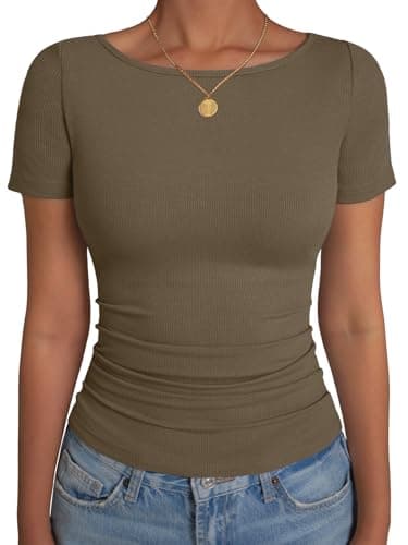 GKBK Boat Neck Tops for Women Ribbed Short Sleeve T-Shirts Slim Fitted Tight Compression Top Soft Y2K Basic Casual Going Out Tops for Spring Summer 2026 Trendy Fashion Outfits Brown - Image 1