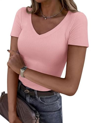 PRETTYGARDEN Women 2026 Spring Tops Trendy Ribbed Short Sleeve V Neck Fitted Basic Tee Shirts Casual Going Out Summer Outfits (Pink,Large) - Image 1