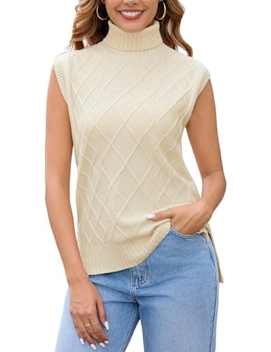 Totatuit Women Turtle Neck Sleeveless Oversized Sweater Vest Casual Loose Cable Knit Sweaters Tank Pullover Fall Winter Outfits(Beige, Medium) - Image 1