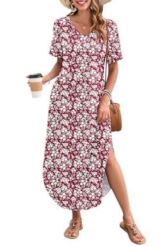 MOLERANI Casual Maxi Dresses for Women Floral Beach Vacation Dress Long Summer Dress 2026 Flower Sundress with Pockets,Red Flower,S - Image 1