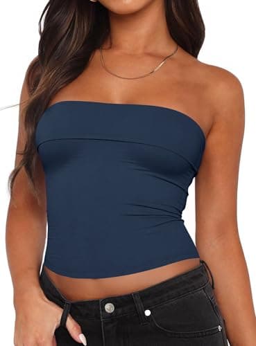 Tankaneo Womens Strapless Tube Tops Cropped Y2K Going Out Fitted Tank Tops Summer Trendy Layered Bandeau Shirts Navy - Image 1