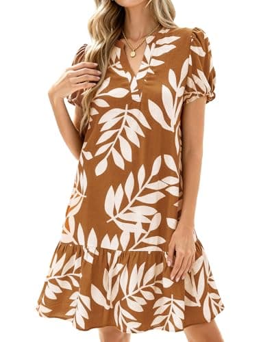 dowerme Womens Summer Dresses 2026 Puffy Sleeve V Neck Loose Floral Print A Line Boho Mini Babydoll Dress with Pockets(Khaki,Medium) - Image 1
