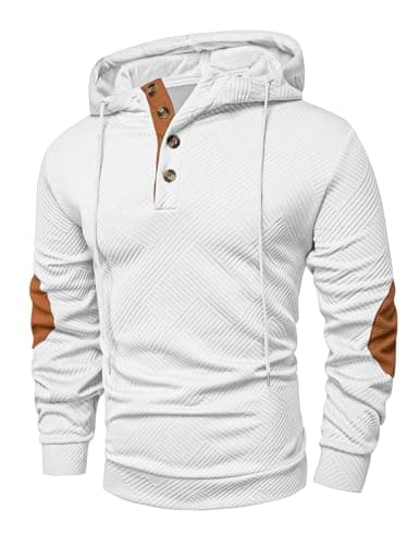 JMIERR Hoodies for men Casual Cotton Textured Long Sleeve Quarter Collar Drawstring Button Early Fall Fashion Pullover Hooded Fall Sweatshirts, S, White - Image 1