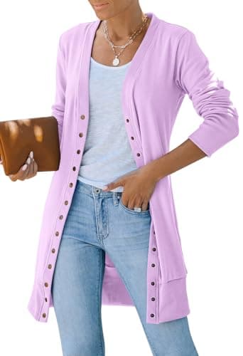 MEROKEETY Women's 2026 Spring Long Sleeve Cardigan Sweater Lightweight Snap Button Down Open Front Casual Outfit, Purple, M - Image 1