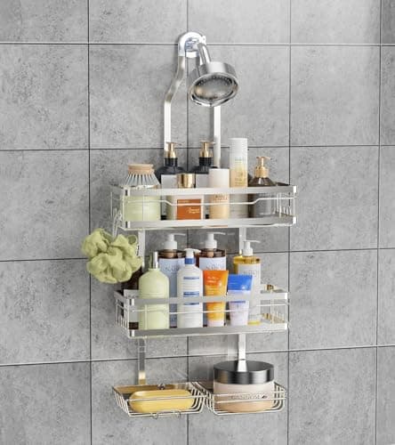 OMAIRA Shower Caddy Hanging with Soap Scrub Holder, Stainless Steel Adjustable No Drilling Non-Slip Large Capacity Sturdy Over Shower Head Shower Organizer Inside Shelves Bathroom Storage Rack, Silver - Image 1