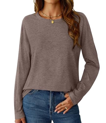 GKBK Long Sleeve Shirts for Women Crew Neck Basic Tops Casual Loose Fitted Fall Clothes 2025 Coffee XXL - Image 1