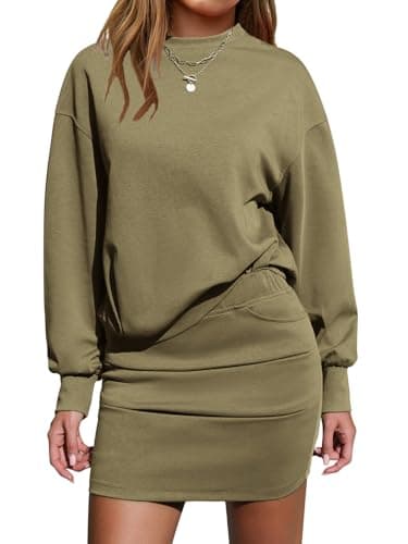 EXLURA Womens 2 Piece Skirt Sets Long Sleeve Mock Neck Sweatshirt Skort Matching Set Casual Airport Travel Spring Outfits - Image 1