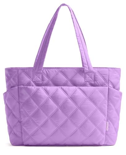 Uselike Tote Bag for Women, Lightweight Puffer Tote Work Bags with Compartments for Travel, Quilted Shoulder Bag with Zipper (Purple) - Image 1
