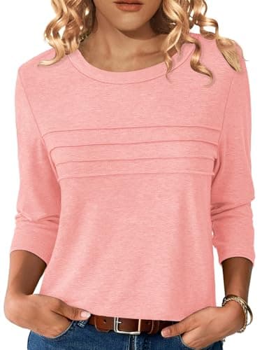 NORACORA 3/4 Sleeve Tops for Women Fall Fashion 2025 Dressy Casual Crewneck Blouses Tshirts Trendy Pleated Tunic Shirts for Leggings Dusty Pink XXL - Image 1