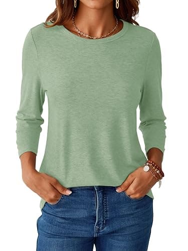 GKBK Womens Tops 3/4 Sleeve Shirts Round Neck Casual Blouses Basic Loose Fit Pullover Tshirts Light_Green M - Image 1