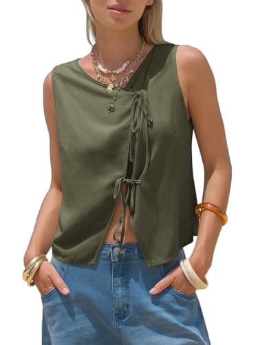 EXLURA Womens Linen Tank Tops Summer Trendy V Neck Vest Casual Tie Front Shirt Cute Spring Beach Vacation Outfits 2026 Green - Image 1