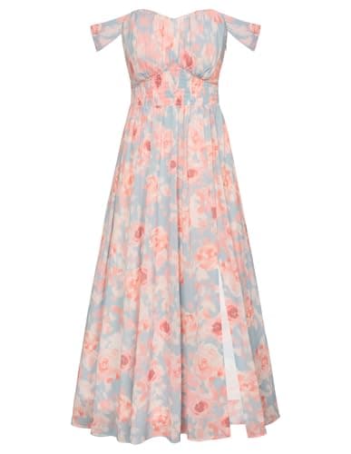 GRACE KARIN Summer Floral Dress for Women 2026,Off the Shoulder Smocked Bridesmaid Dresses,Formal Baby Shower Maxi Dresses Light Blue Pink M - Image 1