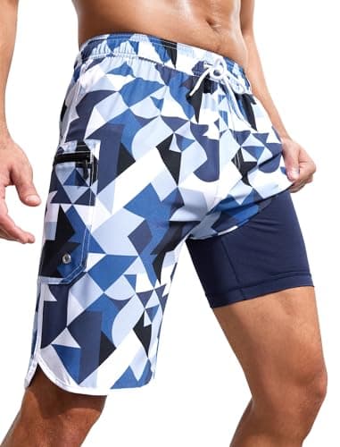 SILKWORLD Mens Swim Trunks with Compression Liner Bathing Suit Drawstring Quick Dry Shorts, Blue White Triangle, Small - Image 1