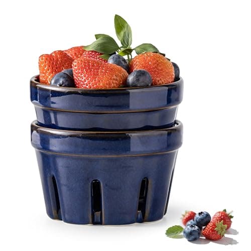 Gomakren Ceramic Berry Basket Set of 2, Round Fruit Bowl with Holes, Fruit Storage Containers for Fridge, Small Fruit Basket for Kitchen, Berries, Strawberry, Grape, Cherry - Cobalt Blue - Image 1