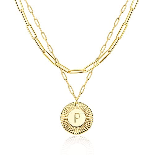 LOYATA Layered Choker Necklace Gold Flower Initial Coin Pendant 2 Layer 14K Gold Plated Dainty Paperclip Chain Personalized Jewelry Gift for Women Letter P - Image 1