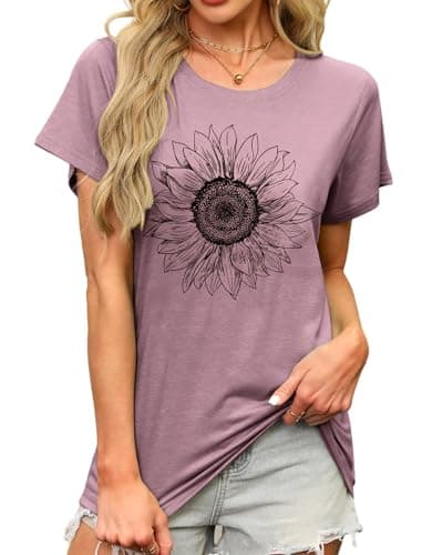 MAPICK T Shirts Shirts for Teen Girls Flower Graphic Summer Short Sleeve Cute Round Neck Tee Tops(Light Purple,X-Large) - Image 1