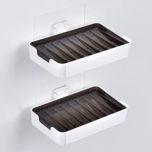 YOHOM Adhesive Bar Soap Holder for Shower Wall Hanging Soap Dish with Drain Tray Plastic Stick on Bathroom Sink Soap Holder 2PCS - Image 1