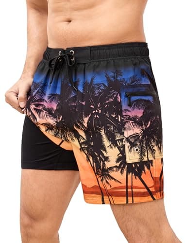 SILKWORLD Swim Trunks Men Quick Dry Bathing Suits 2 in 1 Swimming Shorts Beach Swimsuit with Zipper Pocket and Compression Liner, Gradient- Black Orange Tree, Large - Image 1