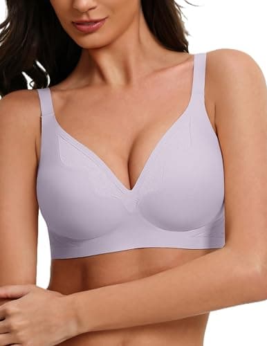 Showyoo Womens Wireless Bras Comfortable Lift Bra No Underwire Seamless Bralette Everyday Tshirt Braswith Lace Panel Lavender S - Image 1