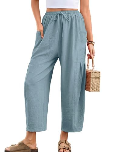 Heymoments Women's Wide Leg Lounge Pants Blue Gray Large Lightweight Drawstring High Waisted Paper Bag Flowy Dress Loose Vacation Comfy Summer Beach Palazzo Harem Casual Trousers with Pockets - Image 1