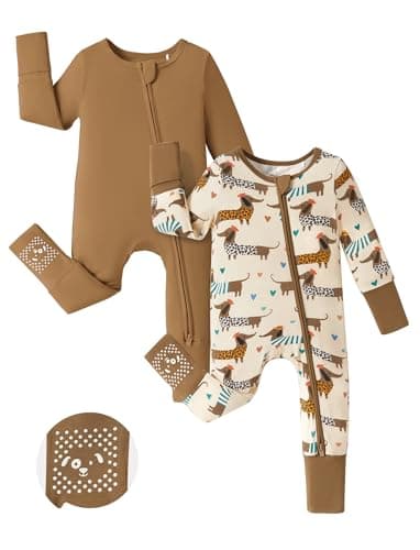 PATPAT Baby Footie Romper, viscose from bamboo, long sleeve, 2-way zipper, fold-over mittens, anti-slip grips, soft baby clothes gift for boys and girls Brown Dog 6-9 Months - Image 1