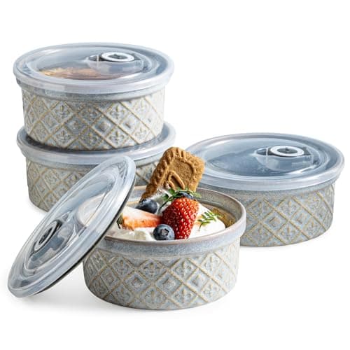 Ramekin Dish Set of 4, 12 oz Creme Brulee Ramekins with Lids, Ceramic Ramekins for Serving Dips, Lava Cake, Pudding, Souffle, Baking Bowls Set Dishwasher and Oven Safe, Gray - Image 1