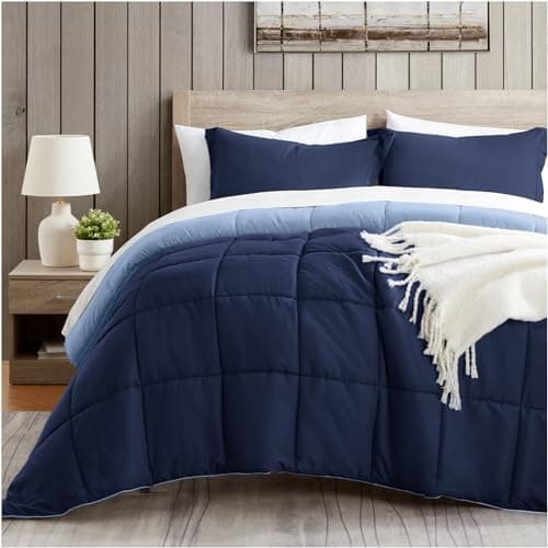 satisomnia Queen Comforter Set, Navy Blue Bedding Comforters Queen Size, 3 Pieces Down Alternative Bed Comforter Lightweight, Soft Quilted Bed Set Breathable, Reversible All Season Bedding Sets - Image 1