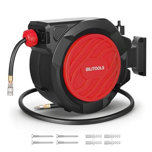 BILITOOLS Retractable Air Hose Reel, 1/2" x 50 ft High Flow Hybrid Air Hose Max 300PSI, Enclosed Air Compressor Hose Reel with Smooth Auto Rewind & 5 ft Lead-In Hose, 180° Swivel Wall/Ceiling Mount - Image 1
