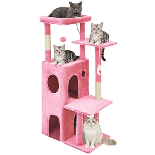 FURFAST Large Cat Tree Tower, 50 Inch Multi-Level Tower Cat Tree for Indoor Cats Large Adult, Cat Tower with Scratching Post, with Climbing Ladder, 2 Cat Caves Bed Cave, Cat Toys, Cat Houses,Pink