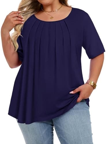 JOELLYUS Womens Plus Size Tops Summer Short Sleeve Shirts Flowy Crewneck Casual Loose Tunic Top Blouses (Dark Blue, XL) - Image 1