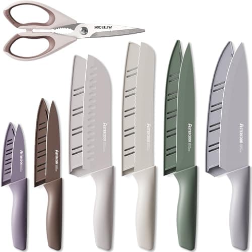 Astercook Knife Set, 13 Pieces Kitchen Knives Set with Healthy Anti-Rust Coating, Dishwasher Safe, Stainless Steel Chef Knife Sets with 6 Blade Guards, Perfect Holiday Gifts for Kitchen Morandi - Image 1