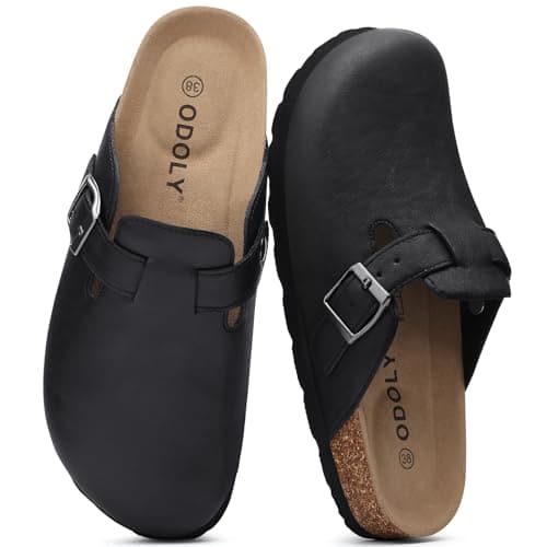 ODOLY Unisex Vegan Leather Clogs Womens Mens Cork Footbed Mules Slip on Potato Shoes with Arch Support, Black, Size 38 - Image 1
