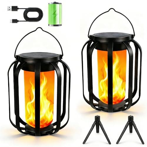 Solar Lanterns Outdoor Lights, 2 Pack Flickering Flame Garden Lights with 2 Modes Dual Charging USB & Solar, Outdoor Waterproof Hanging Lantern for Halloween Party Holiday Decor - Image 1